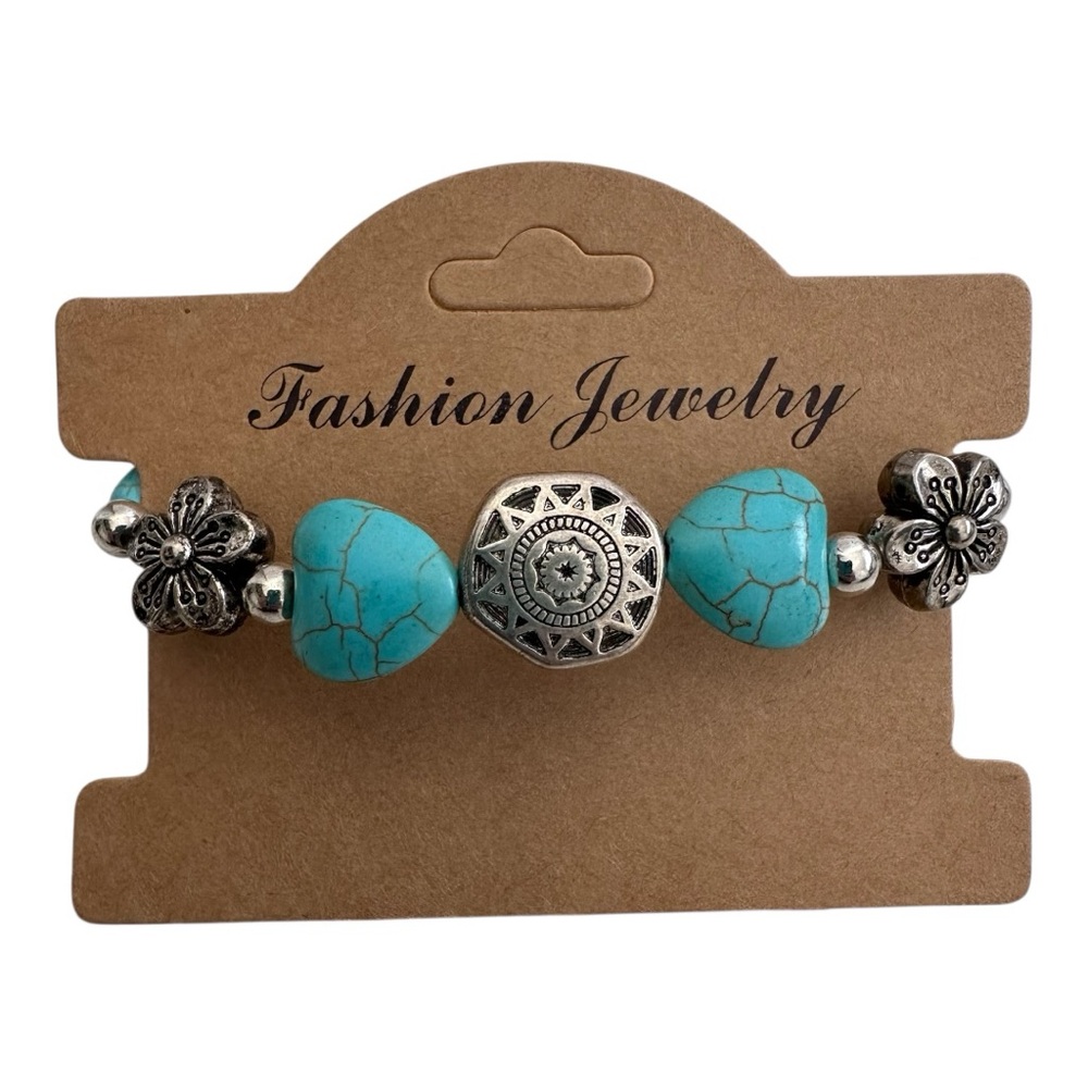 New Boho Faux Turquoise & Silver Tone Beaded Bracelet Aztec Sun Flowers